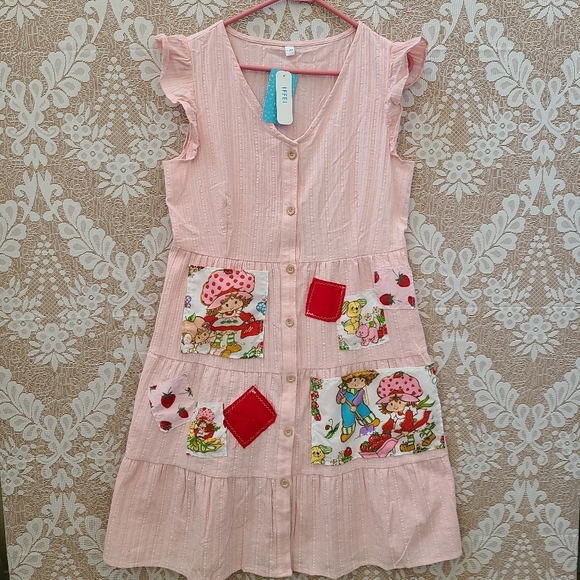 Upcycled Strawberry Shortcake Pink Ruffle Dress POCKETS Size Large NWT - Picture 4 of 8